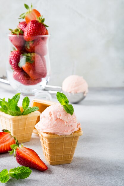 Waffle cups with strawberry ice cream