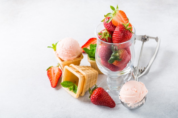 Waffle cups with strawberry ice cream