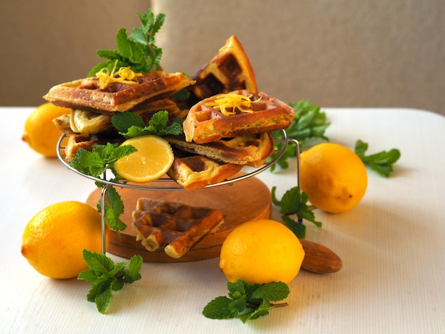 Waffle dessert with lemon and mint