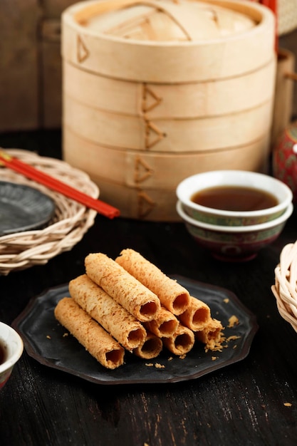 Waffle Egg Roll Chinese Confection, Popular Snack Served on Family Gathering at Chinese Festival, Like New Year, Mid Autumn, Lantern or Dongzhi Festival