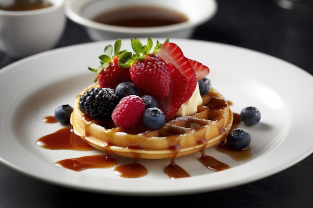 Waffle Maple Sauce with Garnish Fruit