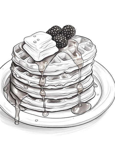 Photo waffle stack with syrup tasty dessert coloring book page in black and white for adults and