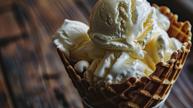 Вафля с мороженым на деревянном столе вкусный десерт Концепция