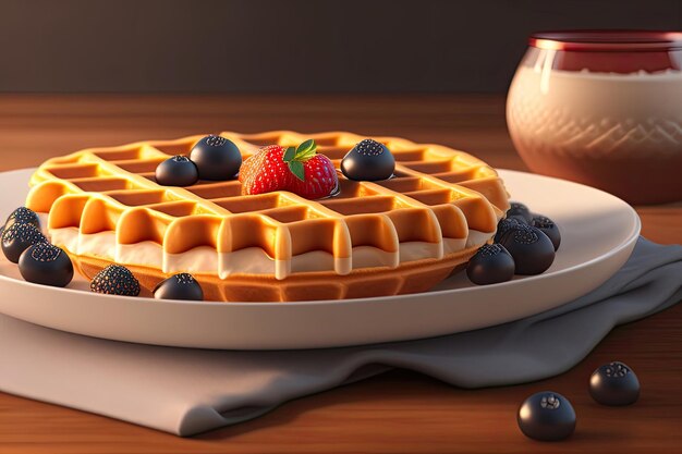 A waffle with berries on it is on a plate