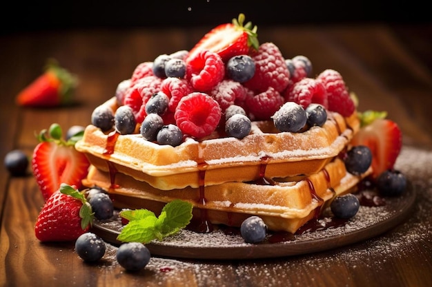 a waffle with berries and raspberries on the top.