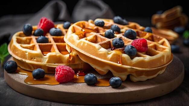 A waffle with berries and syrup on it
