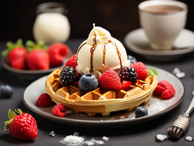 a waffle with berries and whipped cream sits on a table