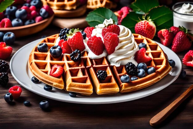 A waffle with berries and whipped cream sits on a table.