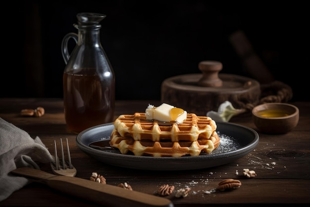 Waffle with butter and maple syrup Illustration AI Generative