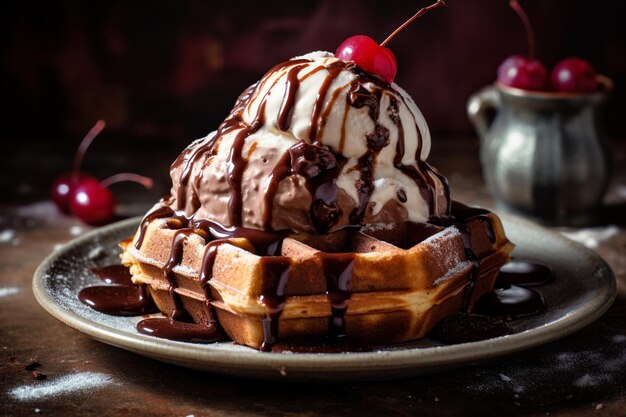 A waffle with chocolate and cherry on top