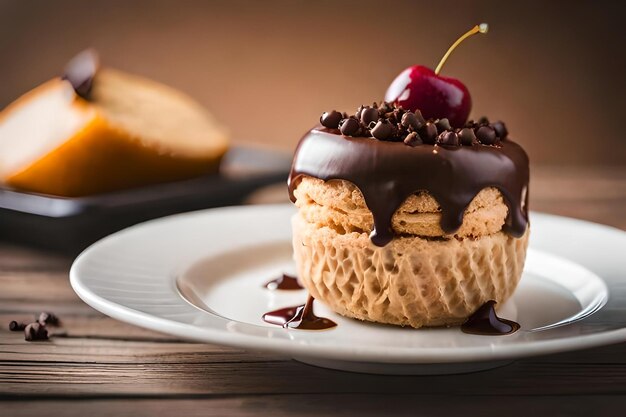 A waffle with chocolate sauce on it sits on a plate.