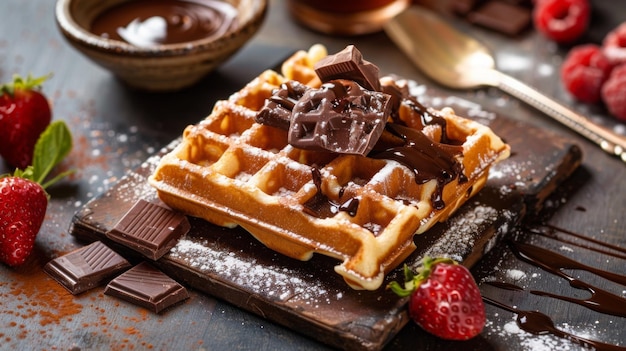 Photo waffle with chocolate and strawberries on table