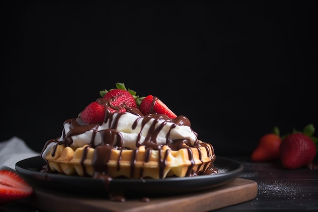 A waffle with chocolate and strawberries on top