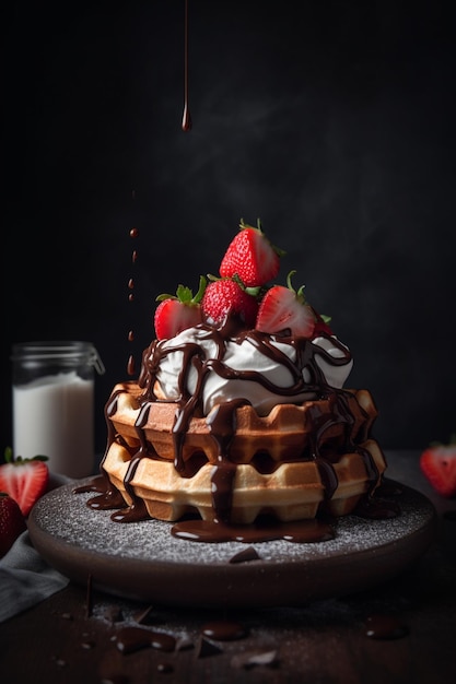 A waffle with chocolate syrup and strawberries being poured over it.