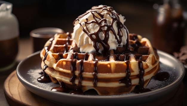 A waffle with chocolate syrup and whipped cream on top.