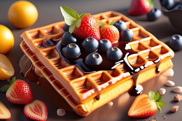 A waffle with fruit on it and a plate of fruit on the table