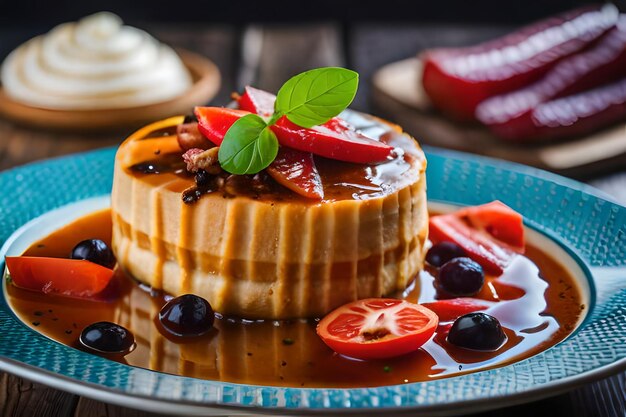 a waffle with fruit and a slice of fruit on top