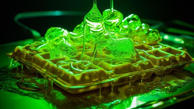 Foto un waffle con sopra gel verde e sciroppo