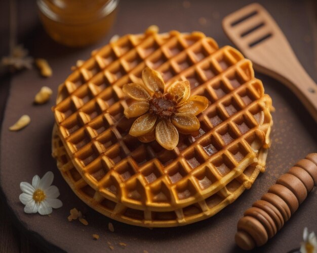 a waffle with honey and flowers on it