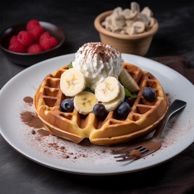 Photo waffle with ice cream and banana