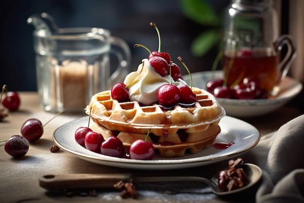 waffle with ice cream and cherries