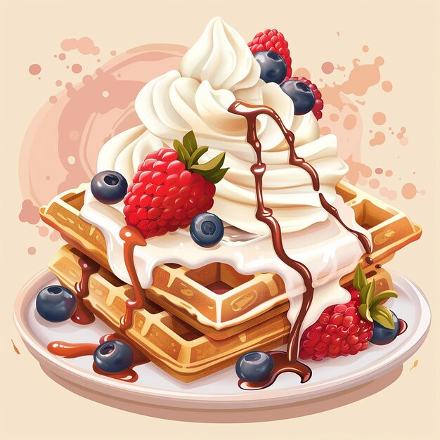 Photo a waffle with raspberries and chocolate syrup