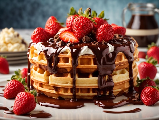 a waffle with strawberries and chocolate sauce