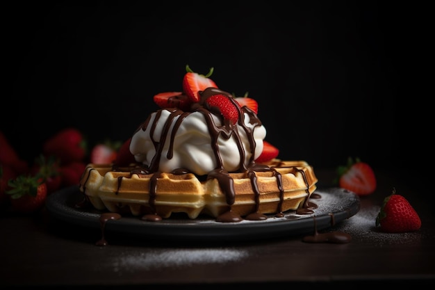 A waffle with strawberries and chocolate on top.