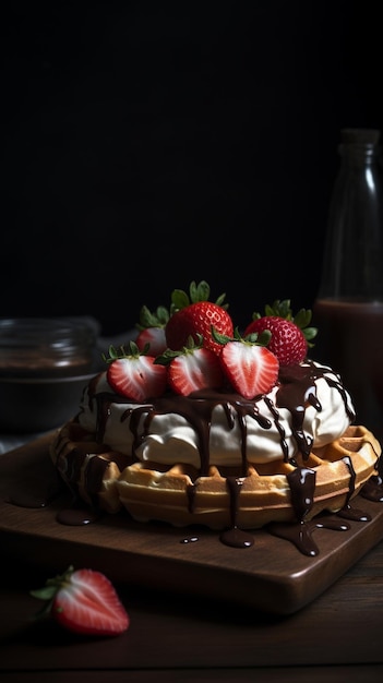 A waffle with strawberries and chocolate on top