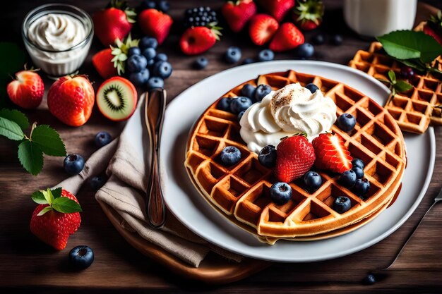 A waffle with strawberries and whipped cream sits on a wooden table.