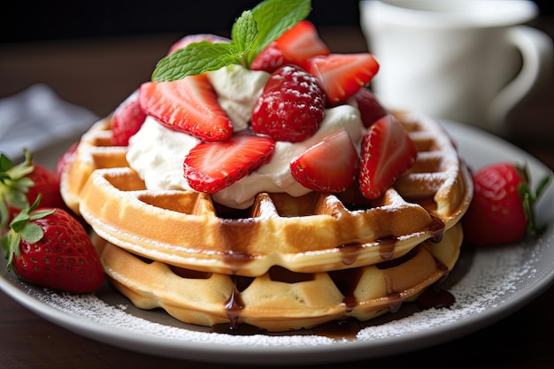 A waffle with strawberries and whipped cream on top