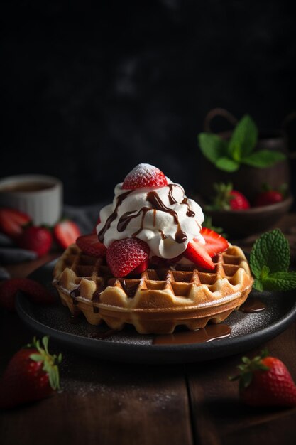 A waffle with strawberries and whipped cream on top