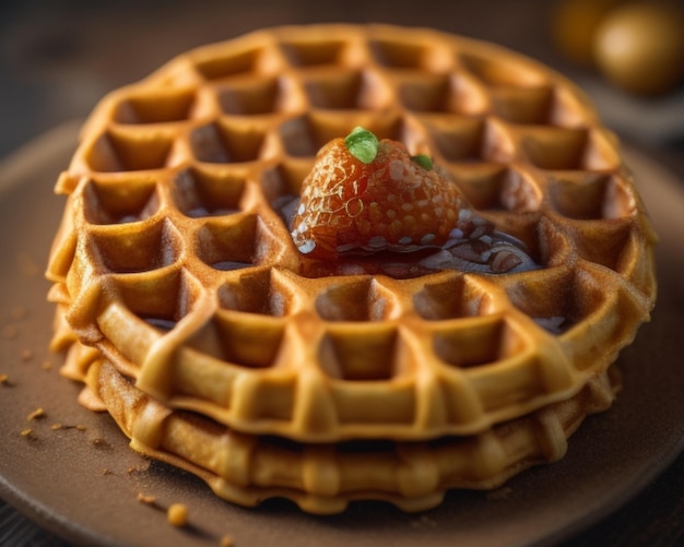 a waffle with a strawberry on top of it