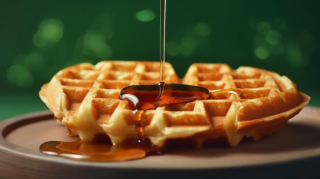 A waffle with syrup being poured on it