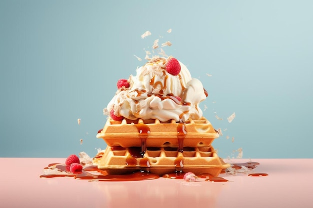 a waffle with syrup and berries on top of it