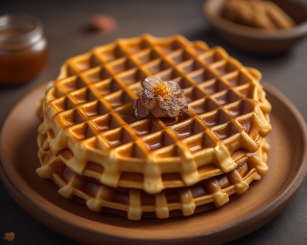 a waffle with syrup and a flower on it