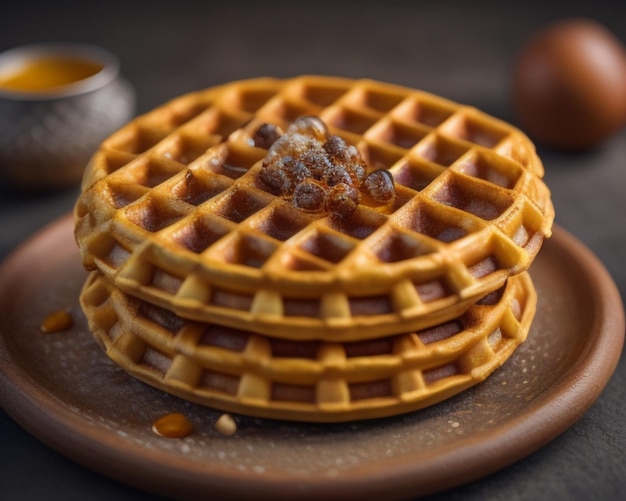 a waffle with syrup on it sits on a plate with a syrup on it.