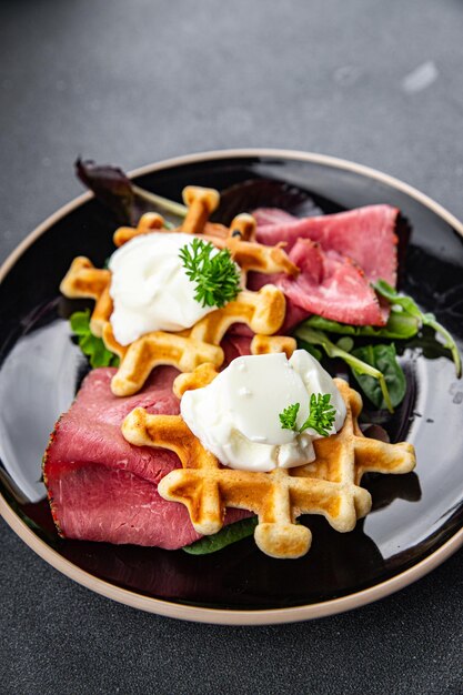 waffles savory food meat pastrami meal food snack on the table copy space food background rustic