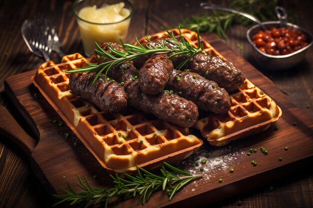 Photo waffles served with a side of bangers and mash