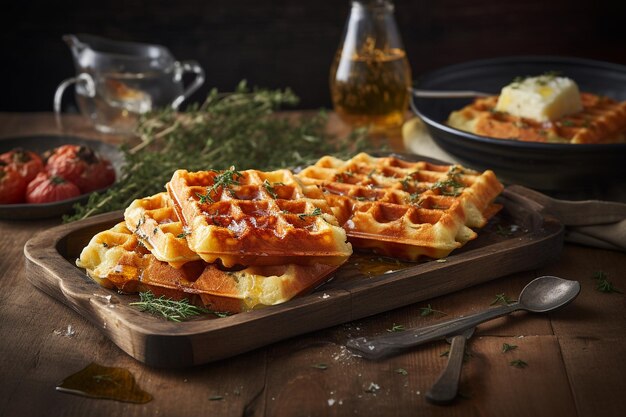 Photo waffles served with a side of bouillabaisse and rouille