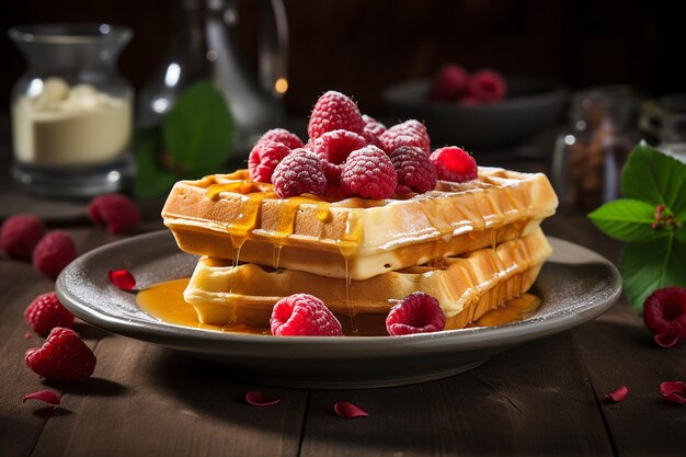 Waffles served with a side of lemon curd and fresh raspberries