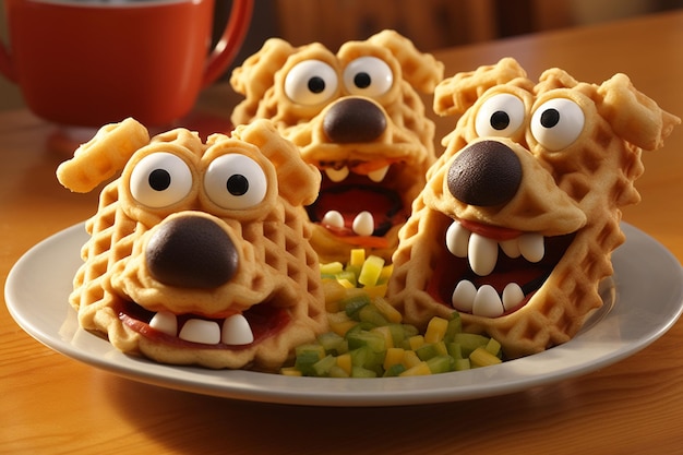 Waffles shaped like animals or cartoon characters for a fun whimsical shot