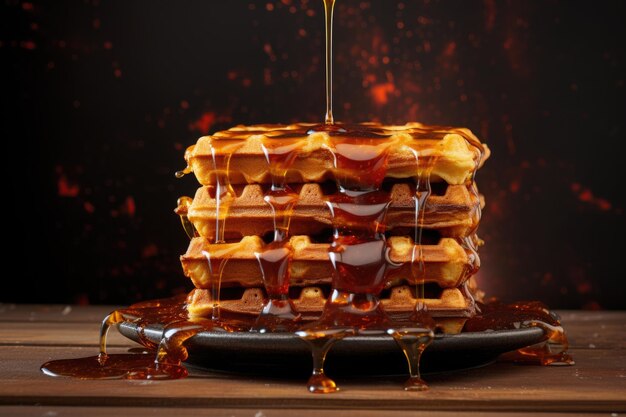 Waffles stacked high with syrup drizzling down