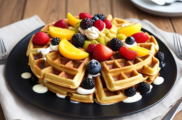 waffles topped with mixed sliced fruits