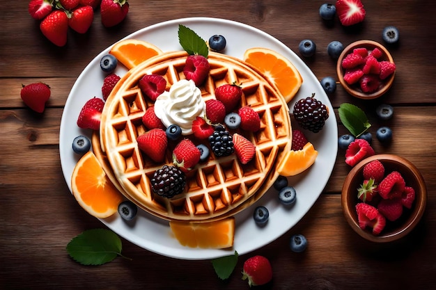 Waffles with berries and berries on a plate with berries and berries.