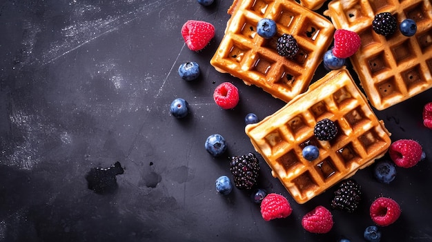 Waffles With Berries and Blueberries on Black Background