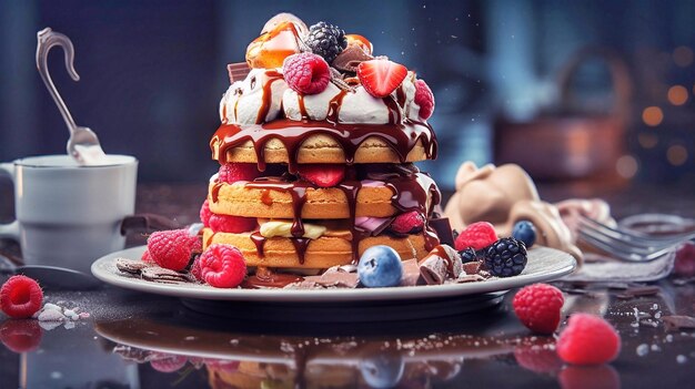 Waffles with berries and chocolate sauce on a plate on the table