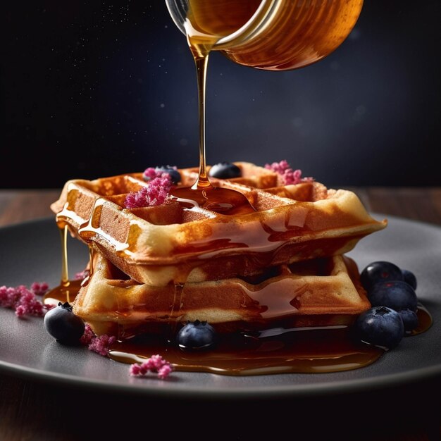 Waffles with berries and honey on black background