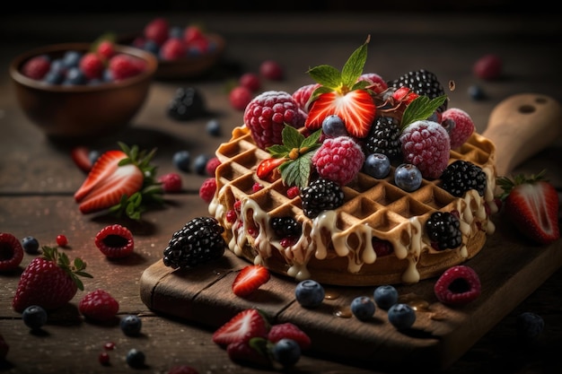 Waffles with berries strawberries AI generation