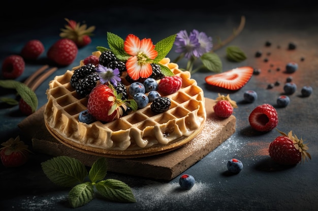 Waffles with berries strawberries AI generation